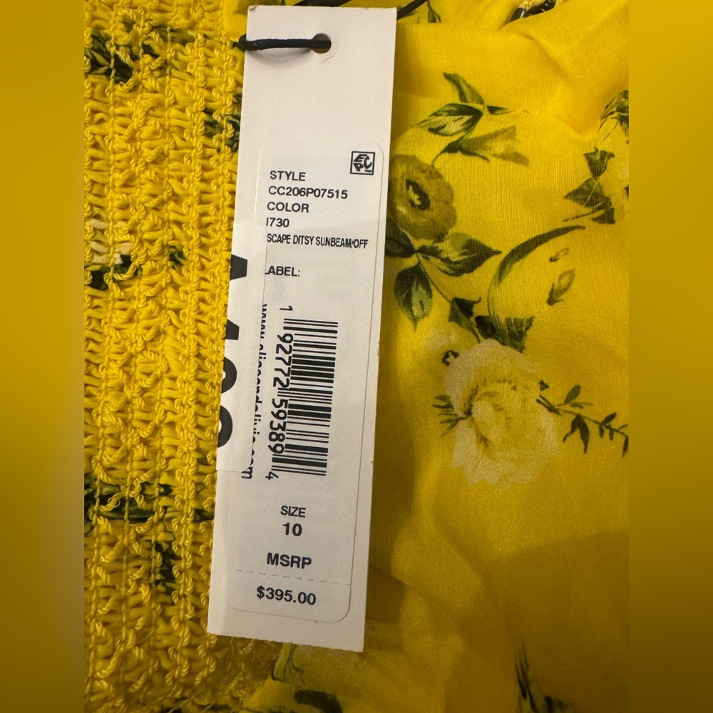 $395 Alice + Olivia Womens Yellow Smocked Waist Floral Cotton & Silk Dress Sz 10 - Picture 8 of 8
